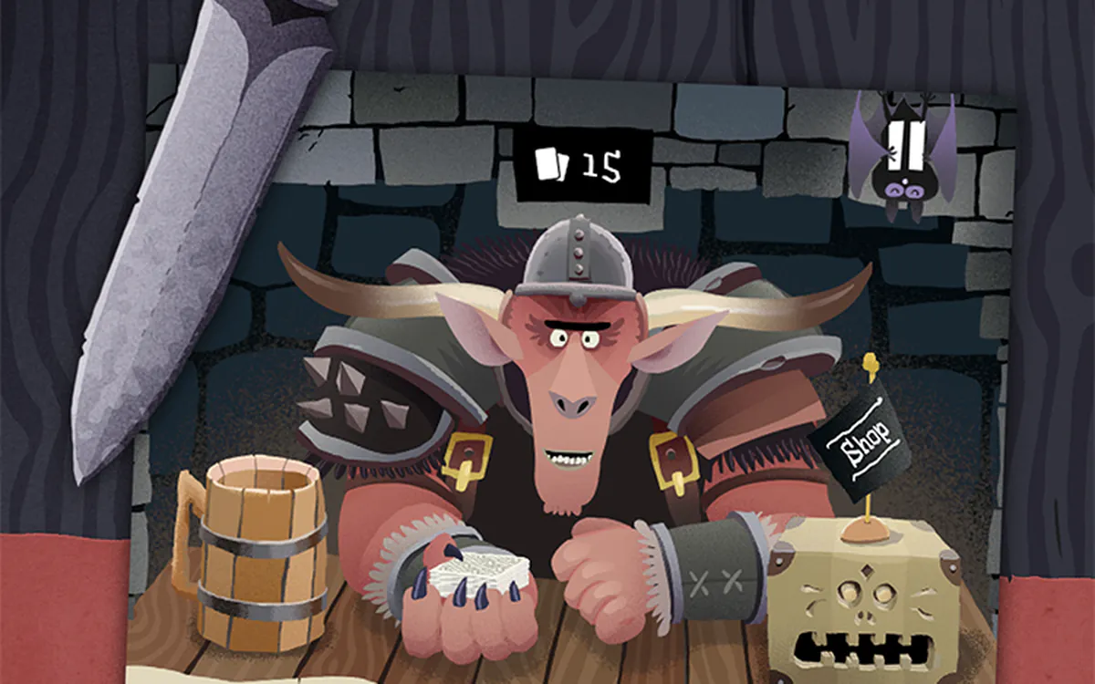 Schermata di Card Crawl: il mercante cornuto dietro il bancone della taverna con la griglia di carte del dungeon.