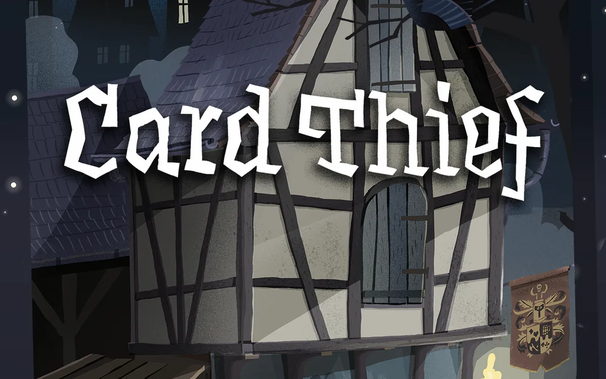 Schermata di Card Thief: la casa a graticcio al chiaro di luna con la gazza sul tetto e il logo del gioco.