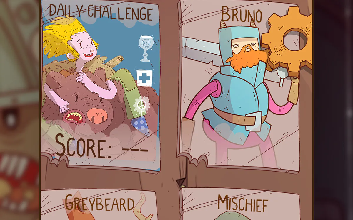 Schermata di Meteorfall Journeys: la selezione degli eroi disegnati a mano, con Greybeard e Mischief tra le carte.