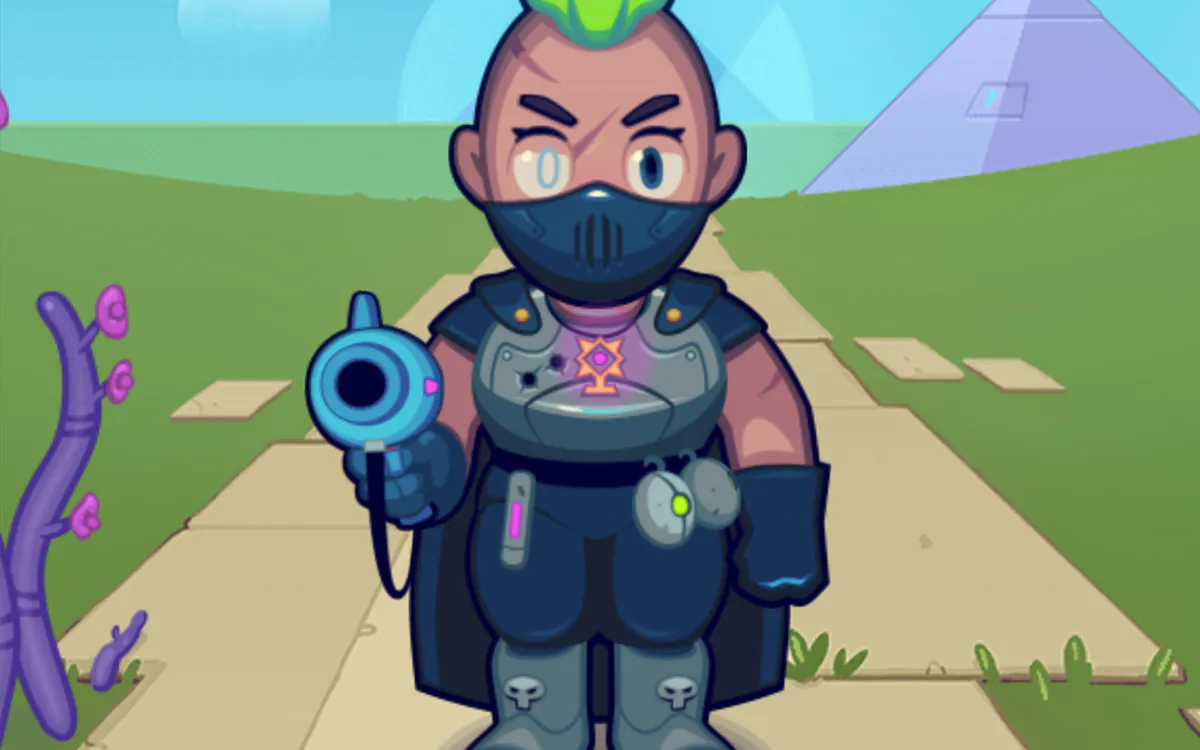 Schermata di Void Tyrant: l'eroe in armatura con la pistola blu sul sentiero di una zona iniziale.